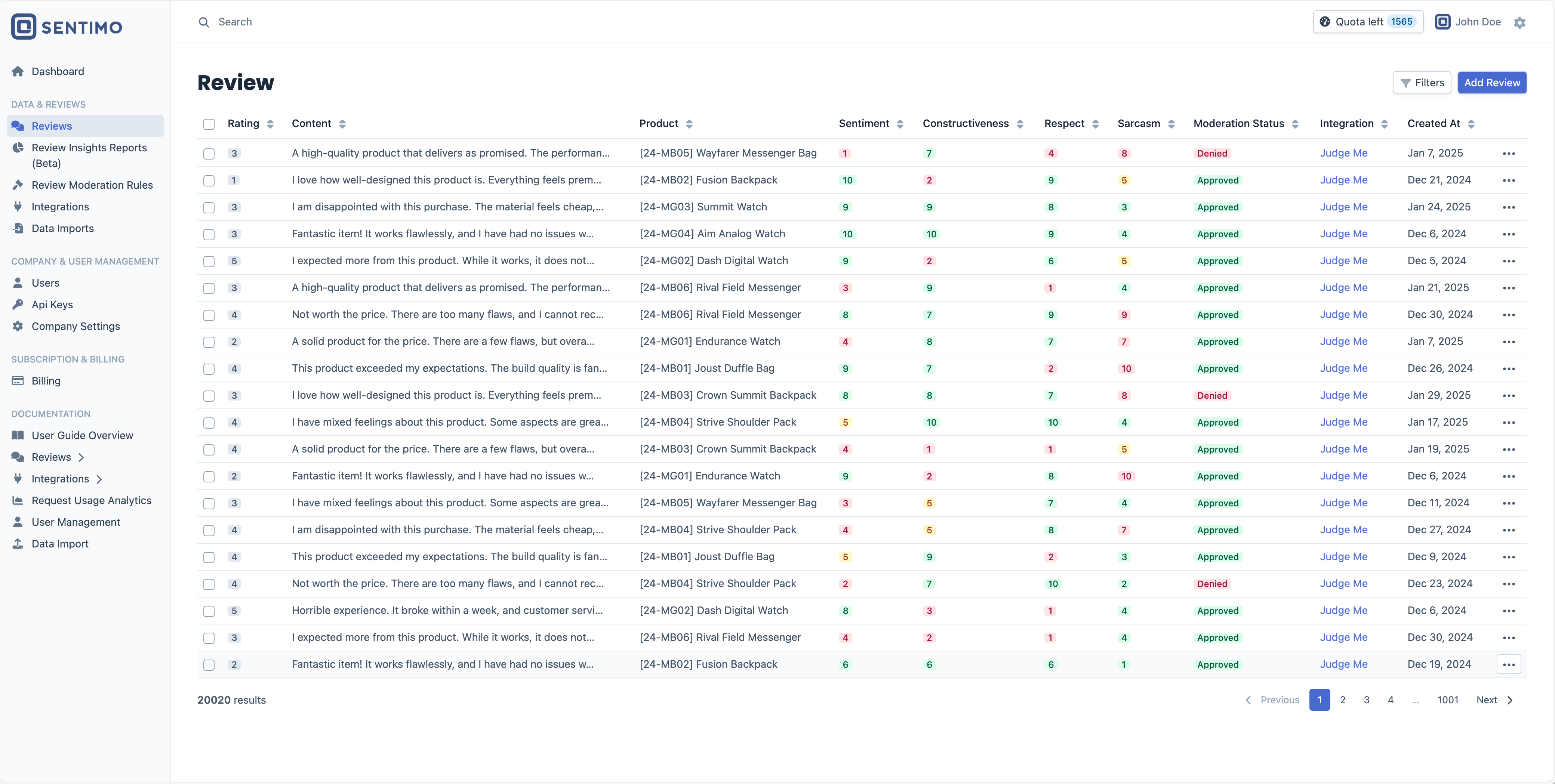 Sentimo dashboard review list screenshot